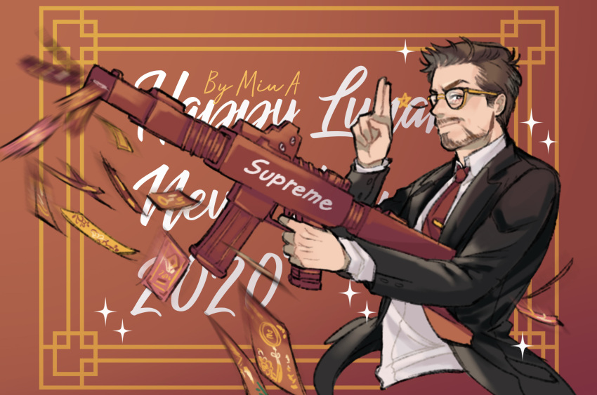 1boy, 2020, akira_yoru, black-framed_eyewear, black_jacket, brown_eyes, brown_hair, chinese_new_year