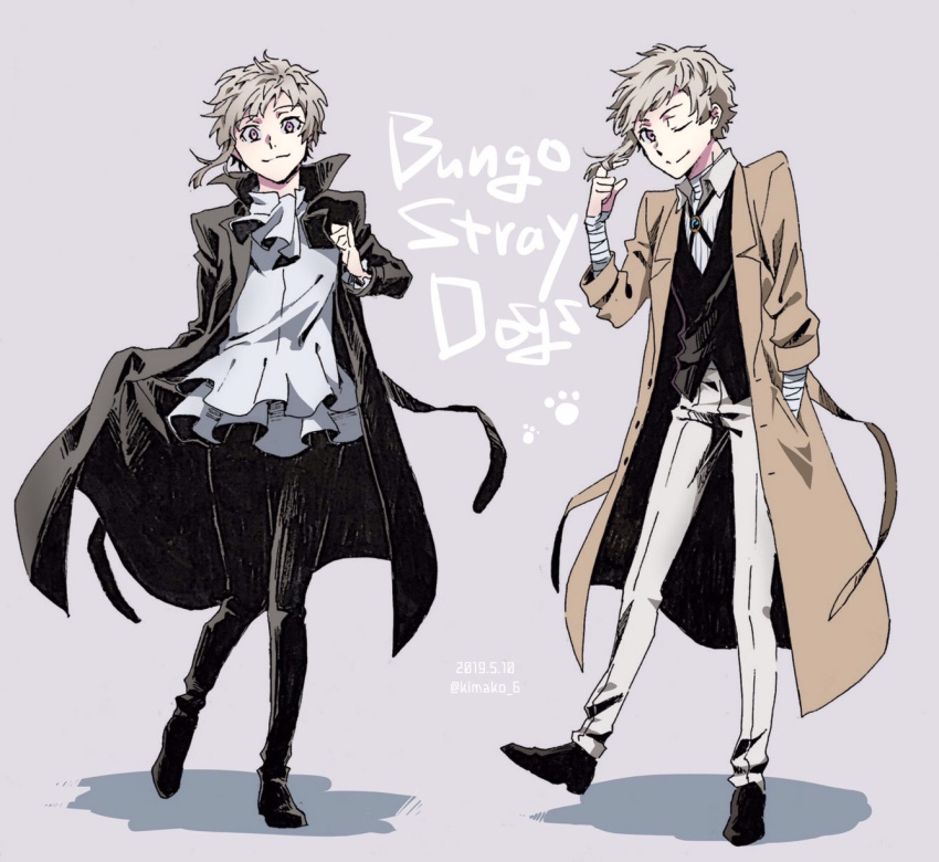 1boy, akutagawa_ryuunosuke_(bungou_stray_dogs), akutagawa_ryuunosuke_(bungou_stray_dogs)_(cosplay), ascot, bandaged_arm, bandaged_neck, bandages, black_coat