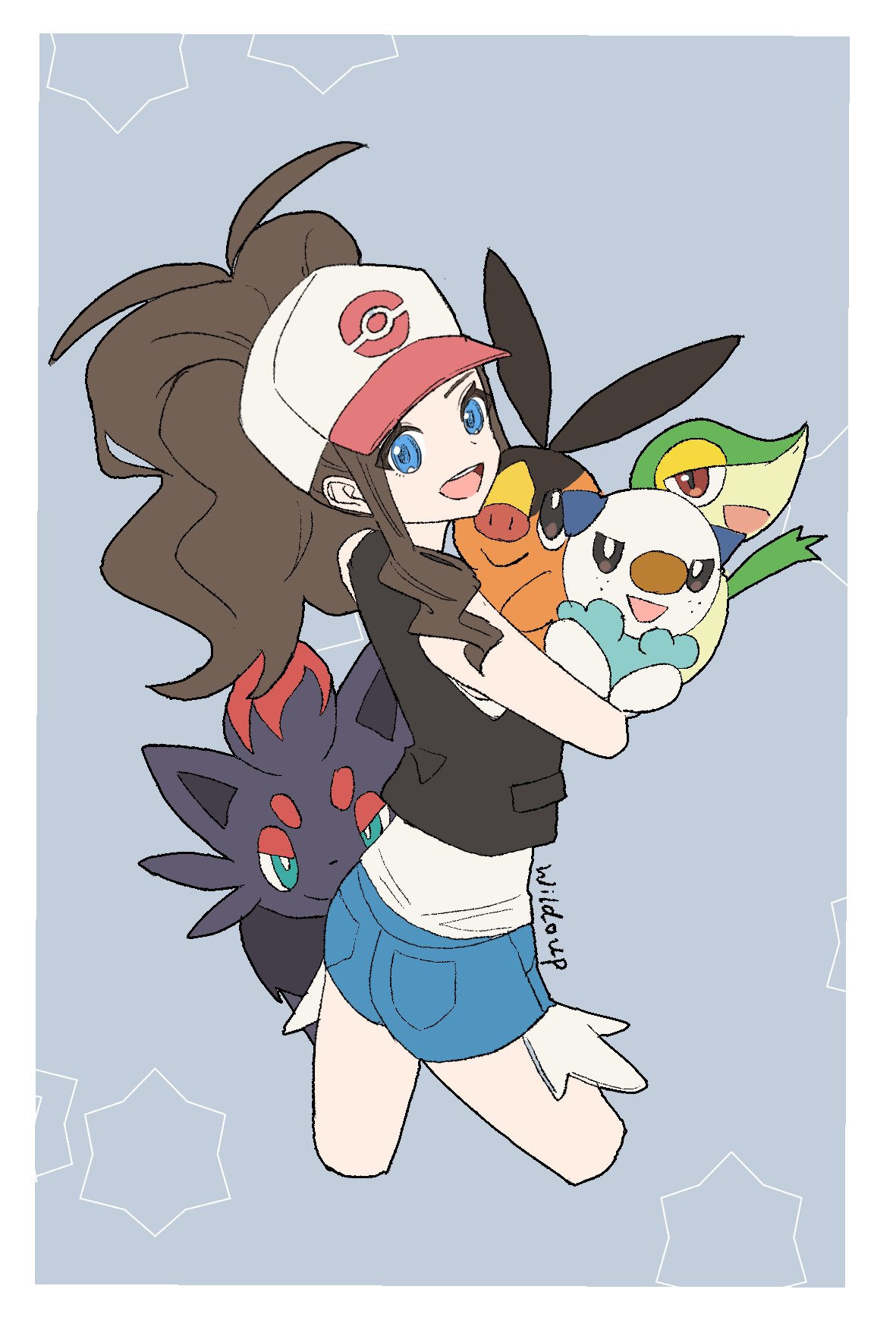 1girl, :d, artist_name, black_vest, blue_eyes, blue_shorts, border, brown_hair