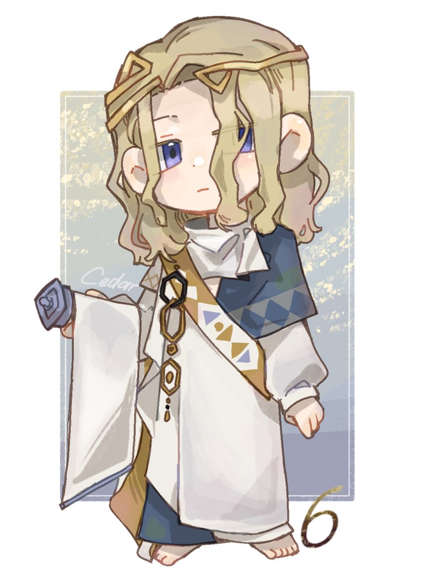 1boy, 6_(reverse:1999), ancient_greek_clothes, barefoot, blonde_hair, blue_background, blue_eyes, character_name