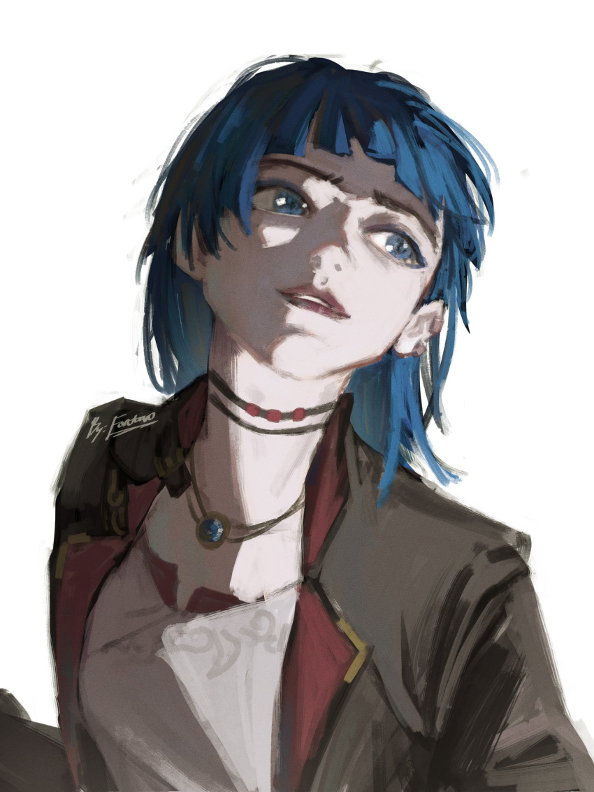 1girl, arcane:_league_of_legends, artist_name, black_jacket, blue_eyes, blue_hair, blunt_bangs, earclip