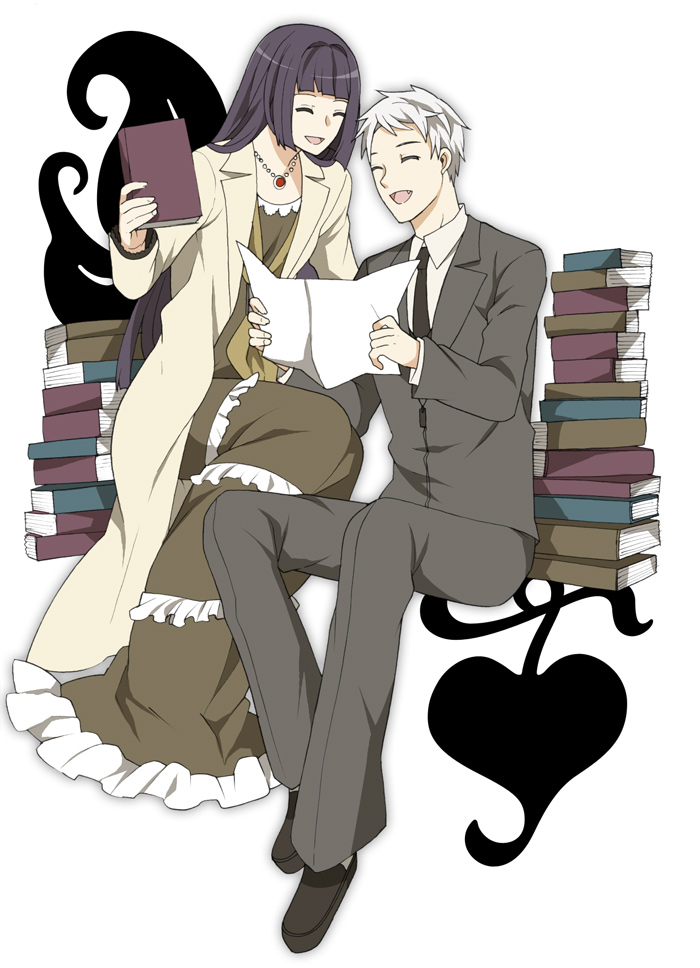 1girl, artist_request, bangs, book, closed_eyes, fang, hachijo_ikuko, hachijo_toya