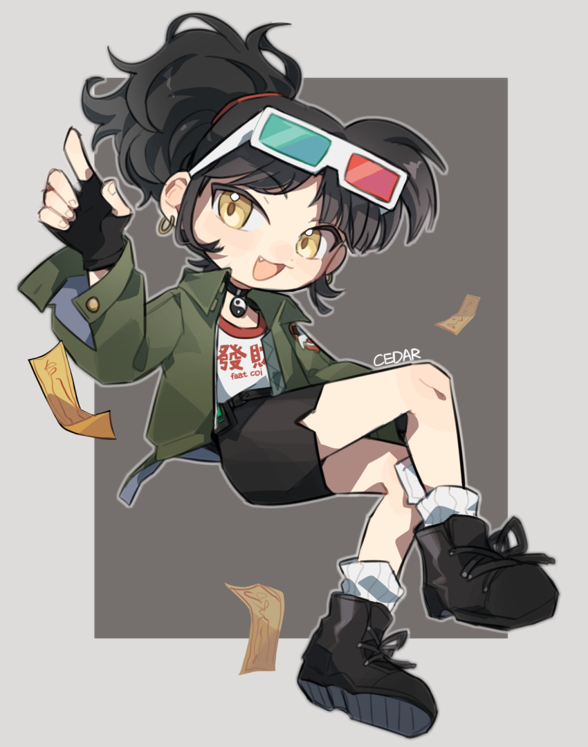 1girl, 3d_glasses, :d, an-an_lee, ankle_boots, black_choker, black_footwear, black_gloves