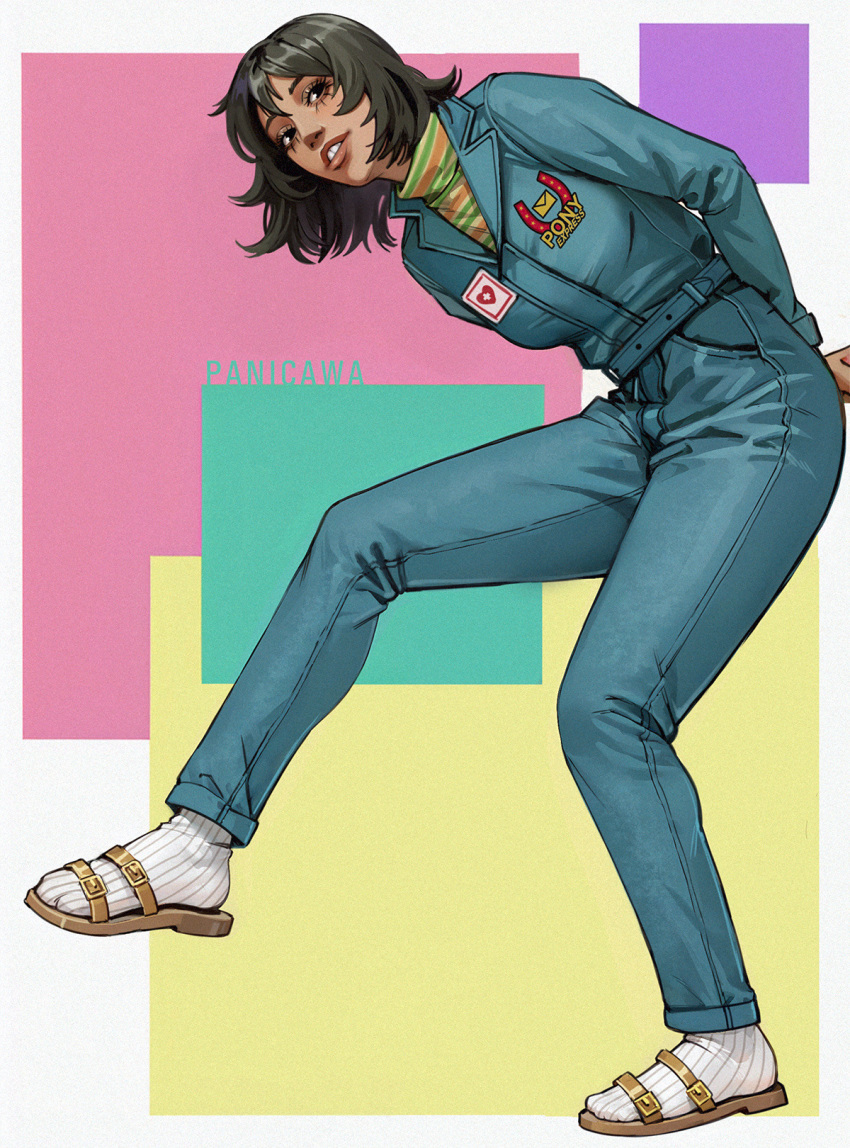 1girl, adelheid_(moschiola), anya_(mouthwashing), arms_behind_back, artist_name, black_eyes, black_hair, blue_jumpsuit