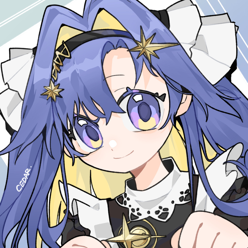 1girl, apron, black_dress, black_hairband, blonde_hair, blue_background, blue_eyes, blue_hair