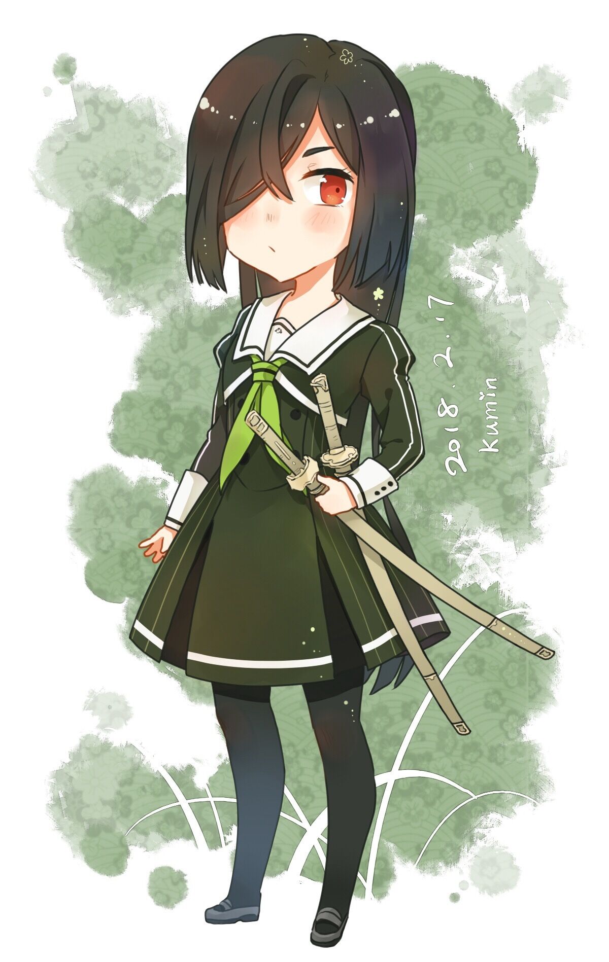 1girl, artist_name, black_hair, black_pantyhose, blush, chibi, closed_mouth, commentary_request