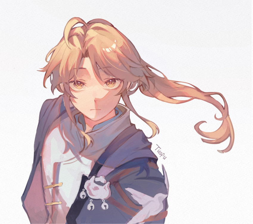 1boy, artist_name, blonde_hair, blue_shrug, chinese_clothes, closed_mouth, floating_hair, hair_between_eyes, highres, honkai:_star_rail, honkai_(series), long_hair, looking_at_viewer, male_focus, mandarin_collar, open_clothes, ponytail, shirt, sidelocks, simple_background, solo, tuofu, upper_body, white_background, white_shirt, yanqing_(honkai:_star_rail), yellow_eyes