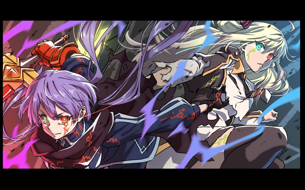 2girls, ahoge, black_gloves, black_necktie, black_scarf, black_thighhighs, blonde_hair, eye_trail, facial_mark, gloves, grey_hair, hair_ornament, heterochromia, holding, holding_sword, holding_weapon, laundry_(randorii), light_trail, long_hair, long_sleeves, mechanical_gloves, motion_blur, multiple_girls, necktie, scarf, sky_striker_ace_-_raye, sky_striker_ace_-_roze, sword, thigh-highs, torn_clothes, two-tone_dress, weapon, yu-gi-oh!