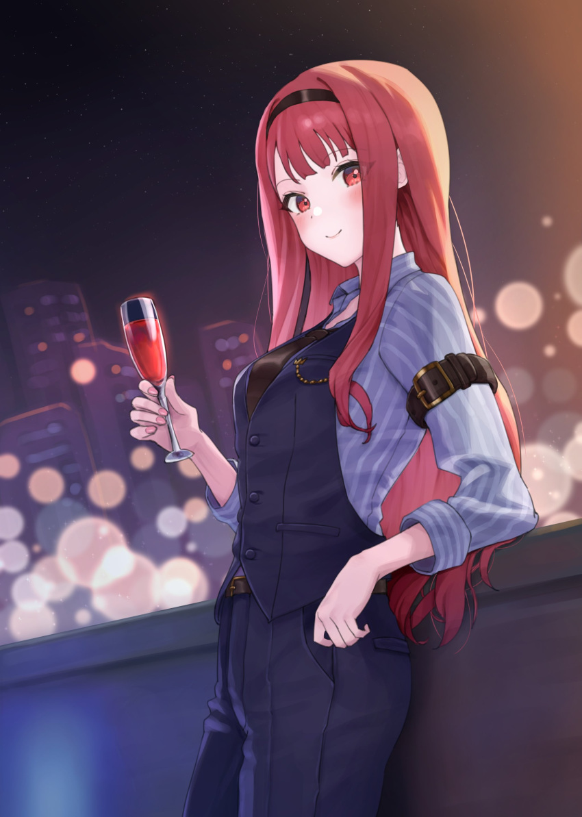 1girl, absurdres, bartender, belt, belt_buckle, black_hairband, black_pants, black_vest, blue_shirt, blunt_bangs, blush, breast_pocket, breasts, brown_belt, buckle, city_lights, cityscape, closed_mouth, collared_shirt, concept_shaker_(idolmaster), cowboy_shot, cup, dot_nose, drinking_glass, eyelashes, from_side, hair_over_shoulder, hairband, highres, holding, holding_cup, idolmaster, idolmaster_million_live!, idolmaster_million_live!_theater_days, leaning_back, light_smile, long_hair, looking_at_viewer, medium_breasts, night, night_sky, pants, pink_nails, pocket, ransol, red_eyes, redhead, rooftop, shirt, sidelocks, sky, sleeves_rolled_up, solo, standing, straight_hair, striped_clothes, striped_shirt, tanaka_kotoha, vertical-striped_clothes, vertical-striped_shirt, vest, wine_glass
