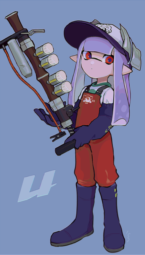 1girl, baseball_cap, blue_background, blue_footwear, blue_gloves, blue_pupils, blunt_bangs, boots, closed_mouth, commentary, dot_mouth, dot_nose, elbow_gloves, expressionless, full_body, gloves, grizzco_charger_(splatoon), hat, holding, holding_weapon, imaikuy0, inkling, inkling_girl, inkling_player_character, long_hair, looking_at_viewer, overalls, pointy_ears, purple_hair, purple_hat, red_eyes, red_overalls, rubber_boots, rubber_gloves, salmon_run_(splatoon), shirt, simple_background, solo, splatoon_(series), standing, symbol-only_commentary, tentacle_hair, weapon, white_shirt