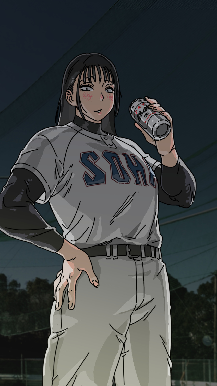 1girl, absurdres, agawa_sensei_(strikeout_pitch), alcohol, asahi_breweries, baseball_field, baseball_jersey, baseball_uniform