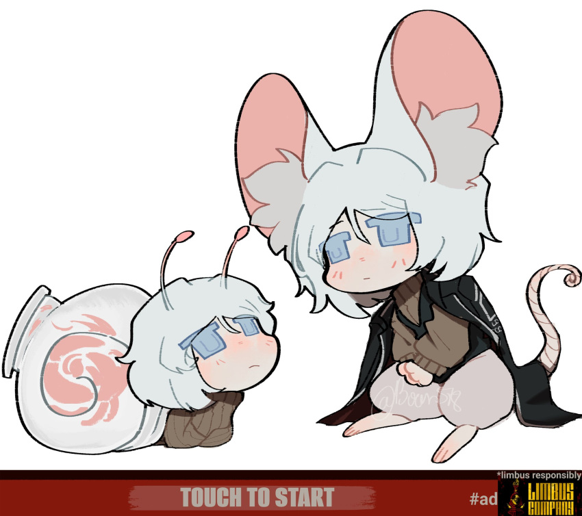 2girls, animal_ears, antennae, black_coat, blue_eyes, boun578, brown_sweater, cheese