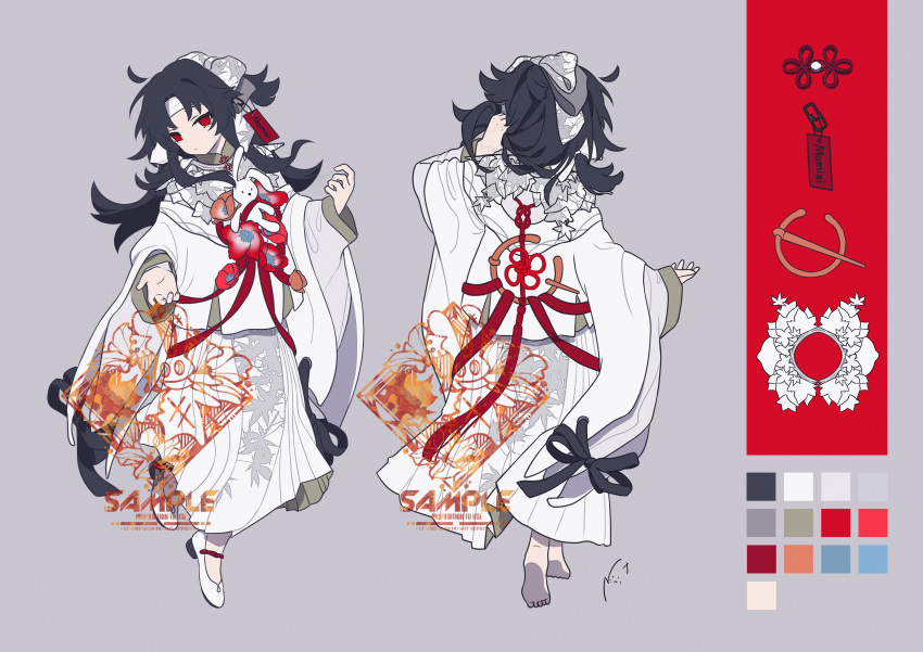 1girl, absurdres, barefoot, black_hair, chinese_clothes, chinese_knot, full_body, good_luck_knot, grey_background, hanfu, highres, hua_shi, long_hair, long_sleeves, mamianqun, original, red_eyes, reference_sheet, white_hanfu, wide_sleeves