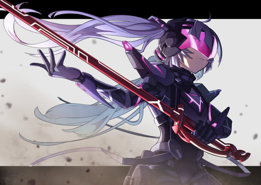 1girl, absurdres, bodysuit, dust, eyes_visible_through_headwear, gloves, grey_hair, highres, holding, holding_sword, holding_weapon, long_hair, mecha_pilot_suit, pink_visor, sky_striker_ace_-_roze, sword, twintails, weapon, white_background, wrist_guards, yu-gi-oh!, zealmaker