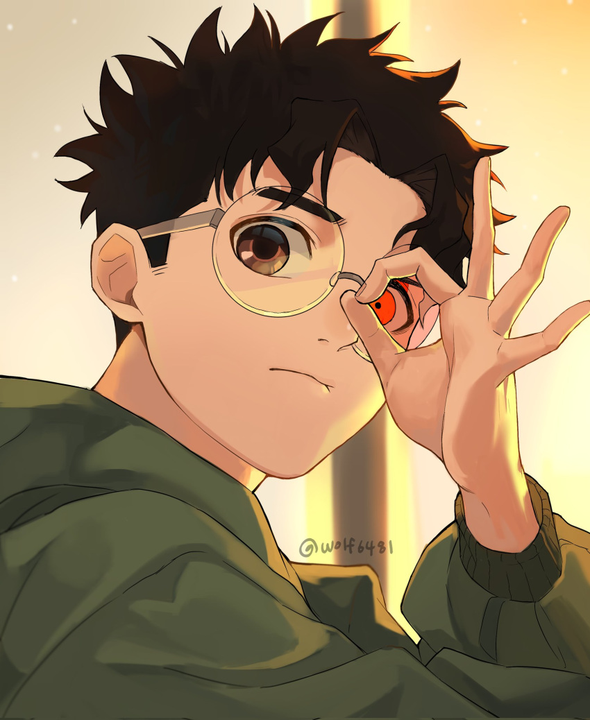 1boy, artist_name, black_hair, brown_eyes, closed_mouth, dandadan, expressionless, fingernails