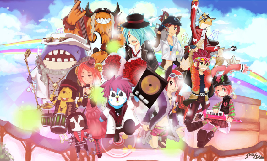 12tailsonline, 4girls, animal_ears, bison(12tailsonline), cat(12tailsonline), chameleon(12tailsonline), instrument, mole(12tailsonline), monkey(12tailsonline), multicolored_background, multiple_boys, multiple_girls, musical_note, panda(12tailsonline), penguin(12tailsonline), rabbit(12tailsonline), rainbow, sheep(12tailsonline), sunglasses, whale(12tailsonline), wolf(12tailsonline)