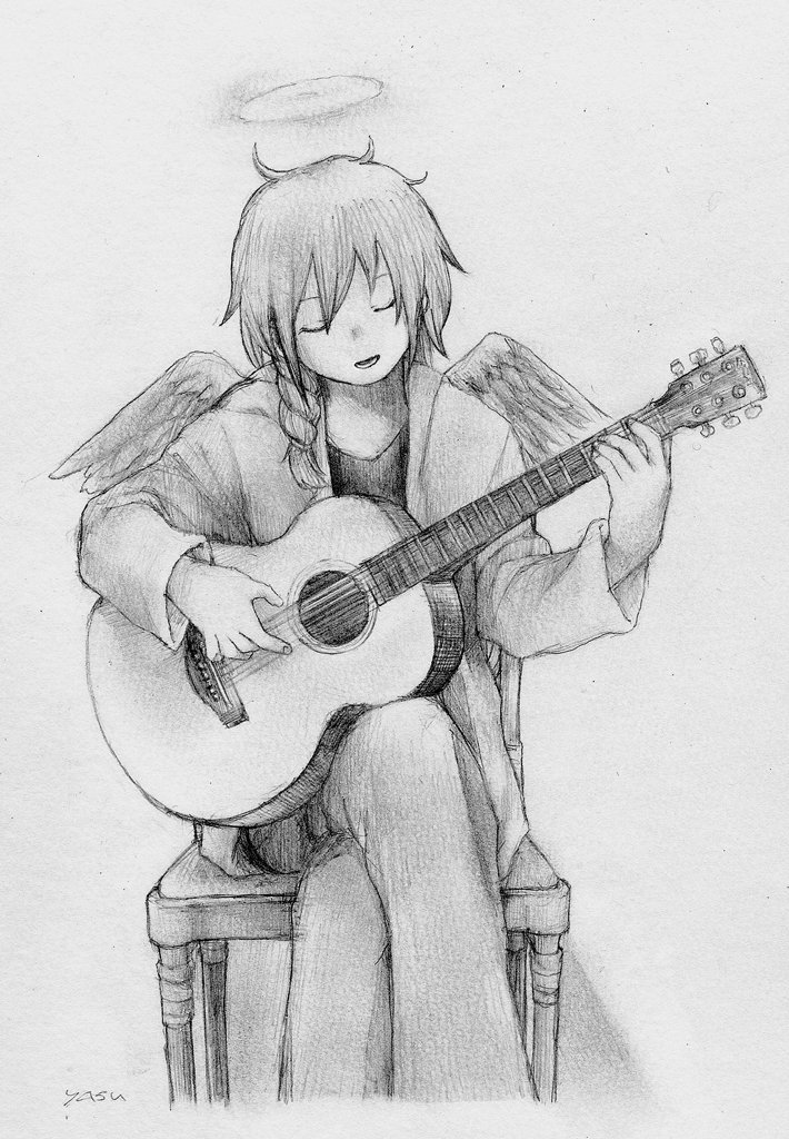 1girl, acoustic_guitar, angel, angel_wings, braid, chair, closed_eyes, crossed_legs