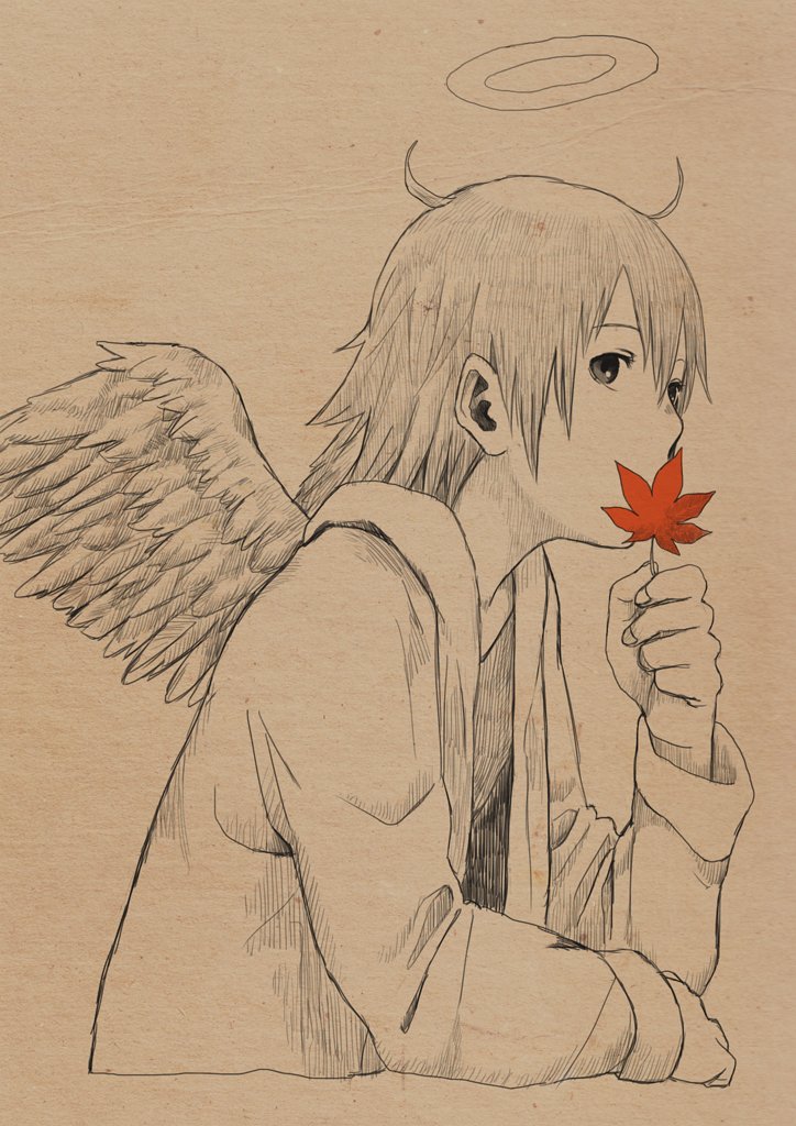 1girl, angel, angel_wings, feathered_wings, haibane_renmei, halo, holding, holding_leaf, hood, jacket, kana_(haibane), leaf, long_sleeves, maple_leaf, monochrome, short_hair, solo, spot_color, traditional_media, upper_body, wings, yasu_(shijimi_8)