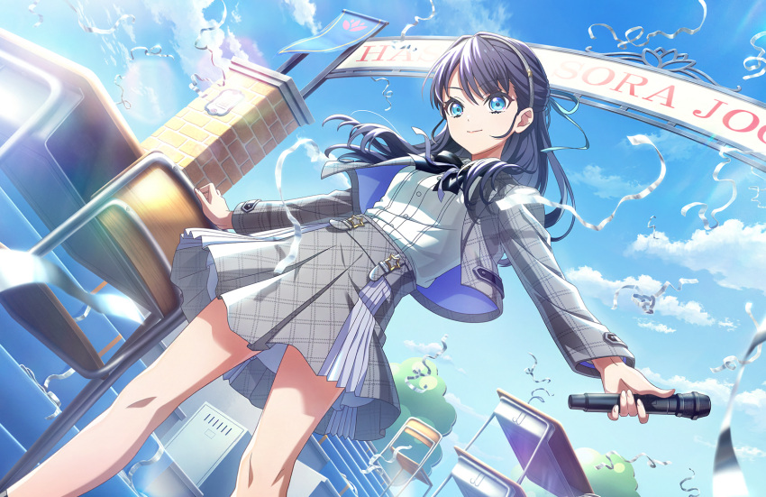 1girl, birdcage_(love_live!), blue_sky, breasts, chair, closed_mouth, clouds, collared_shirt