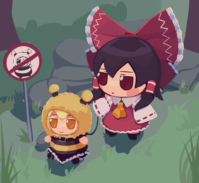 2girls, animal_hood, artist_name, bee, bee_costume, black_hair, blonde_hair, bug
