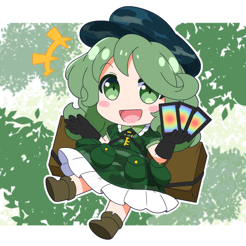+++, 1girl, :d, ability_card_(touhou), black_gloves, blue_hat, blush_stickers, boots