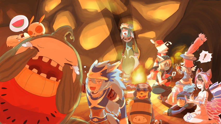12tailsonline, bat_(12tailsonline), bison_(12tailsonline), campfire, cat_(12tailsonline), chameleon_(12tailsonline), highres, mole_(12tailsonline), monkey_(12tailsonline), multiple_boys, multiple_girls, panda_(12tailsonline), rabbit_(12tailsonline), sheep_(12tailsonline), warinmon, wolf_(12tailsonline)