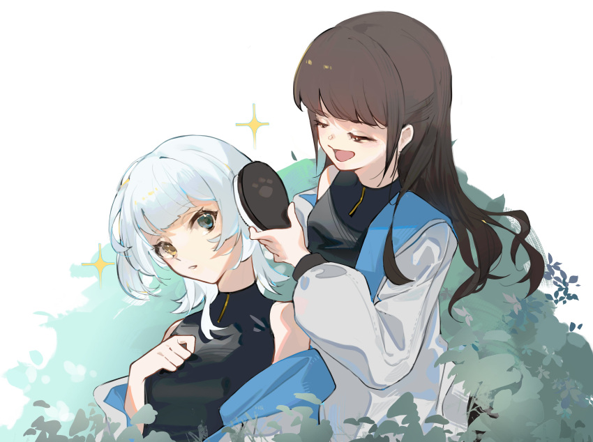 2girls, absurdres, aoki_hina, bang_dream!, bang_dream!_it's_mygo!!!!!, black_shirt, blue_eyes, breasts
