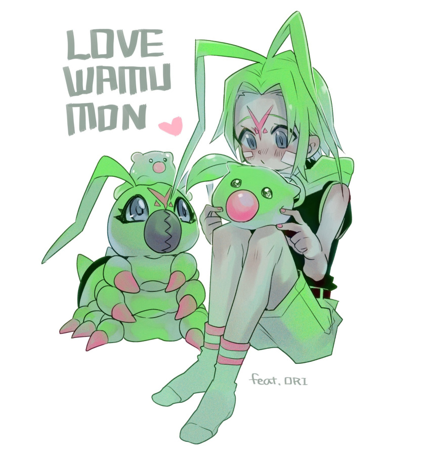 1girl, antenna_hair, black_hoodie, blush, bubbmon, bug, character_name, digimon