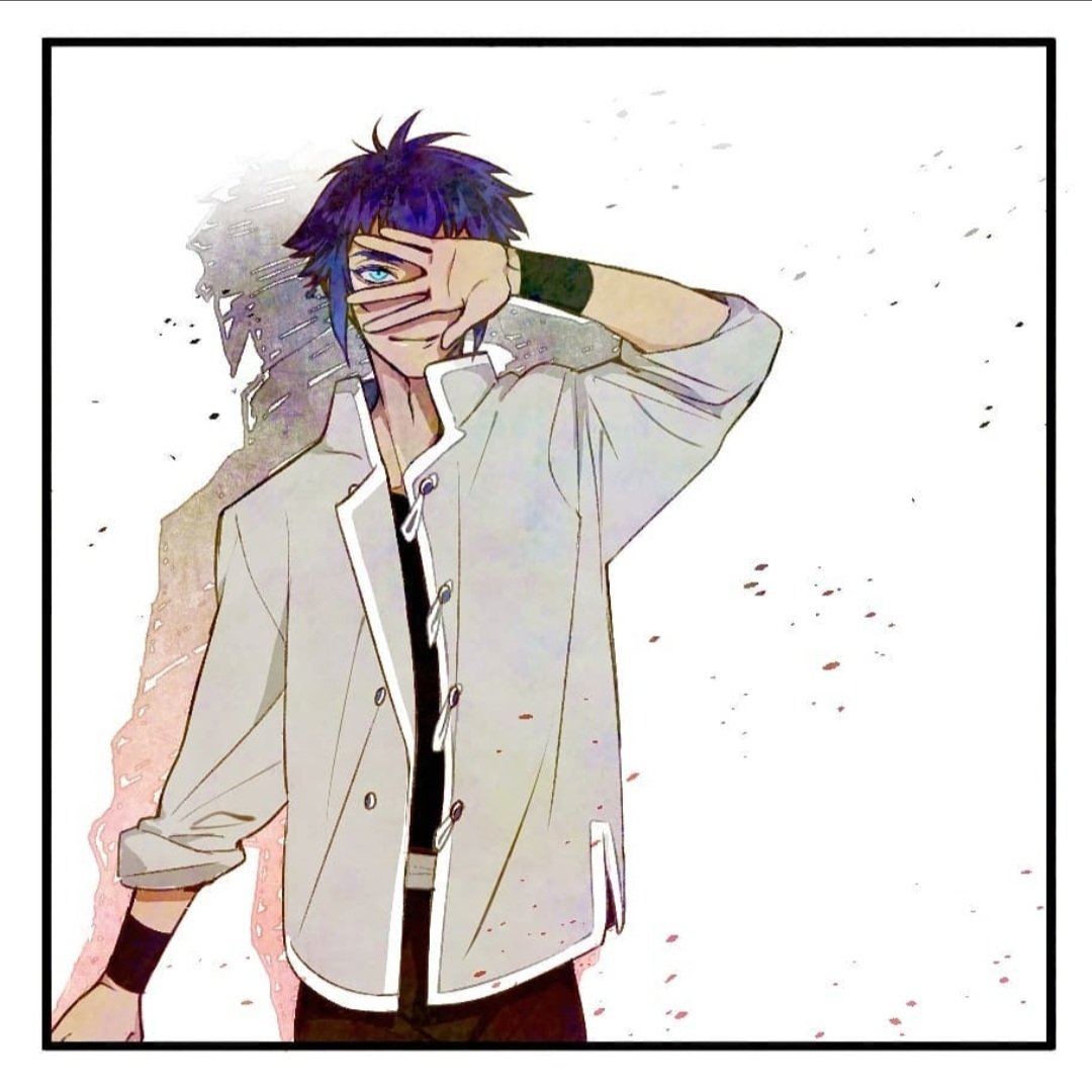 1boy, alma_karma, black_shirt, blue_eyes, blue_hair, brown_pants, buttons, closed_mouth