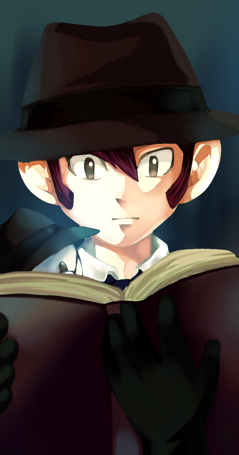 12tailsonline, 1boy, book, detective, highres, mike_(12tailsonline), monkey_(12tailsonline), shizu_aideioo