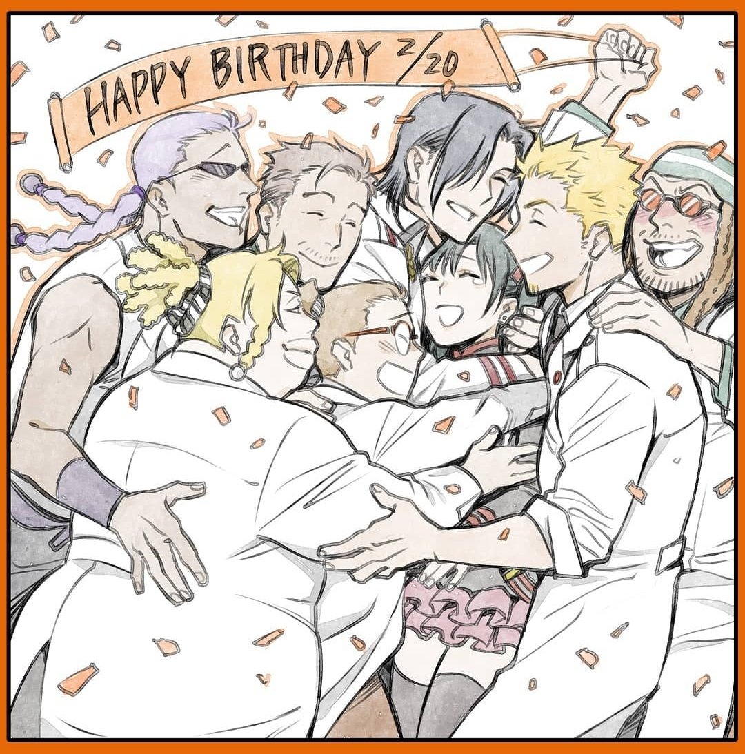 1girl, 6+boys, birthday, black_hair, black_order_uniform, black_thighhighs, blonde_hair, braid, brown_hair, cash_dop, celebration, closed_eyes, coat, d.gray-man, dark_skin, earrings, gigi_lujun, glasses, green_hair, group_hug, happy, happy_birthday, hoshino_katsura, hug, jerry(d.gray-man), jewelry, johnny_gill, komui_lee, lab_coat, laughing, lenalee_lee, long_sleeves, marvin_huskin, military, military_uniform, miniskirt, multiple_boys, pink_skirt, purple_hair, reever_wenhamm, shirt, short_twintails, skirt, sleeveless, smile, sunglasses, thigh-highs, thighs, twin_braids, twintails, white_coat, white_shirt, wristband, zettai_ryouiki