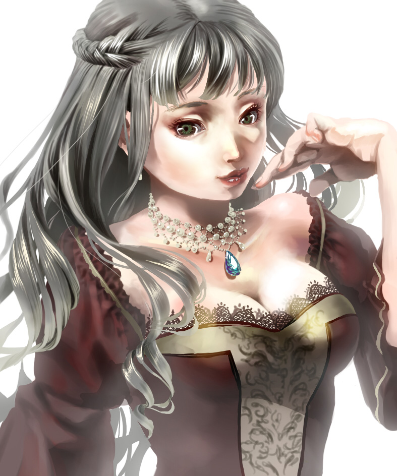 artist_request, breasts, cleavage, green_eyes, long_hair, original, solo, suwa_(artist)