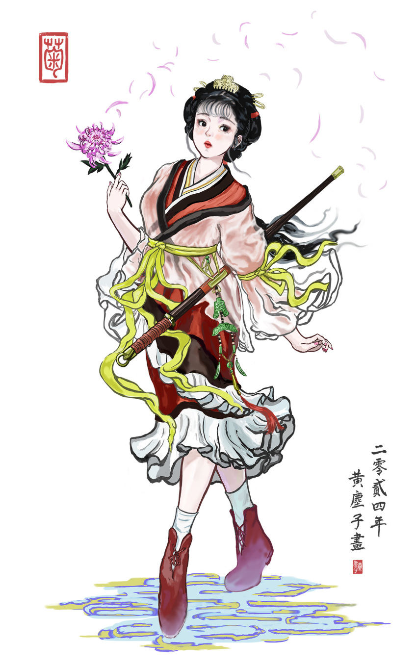 1girl, asian, black_eyes, black_hair, chinese_clothes, chinese_text, dress, flower_request