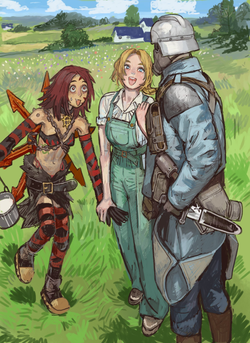 1boy, 2girls, astra_militarum, bare_shoulders, belt, belt_pouch, black_belt, black_gloves, blonde_hair, blue_eyes, bucket, chain, chaos_(warhammer), chaos_undivided_(symbol), cultist-chan, death_korps_of_krieg, explosive, gas_mask, gloves, grass, green_overalls, grenade, helmet, highres, holding, holding_knife, holding_weapon, house, knife, mask, milk, mossacannibalis, multiple_girls, nurgle_(symbol), overalls, pouch, red_eyes, redhead, soldier, spikes, sweatdrop, warhammer_40k, weapon