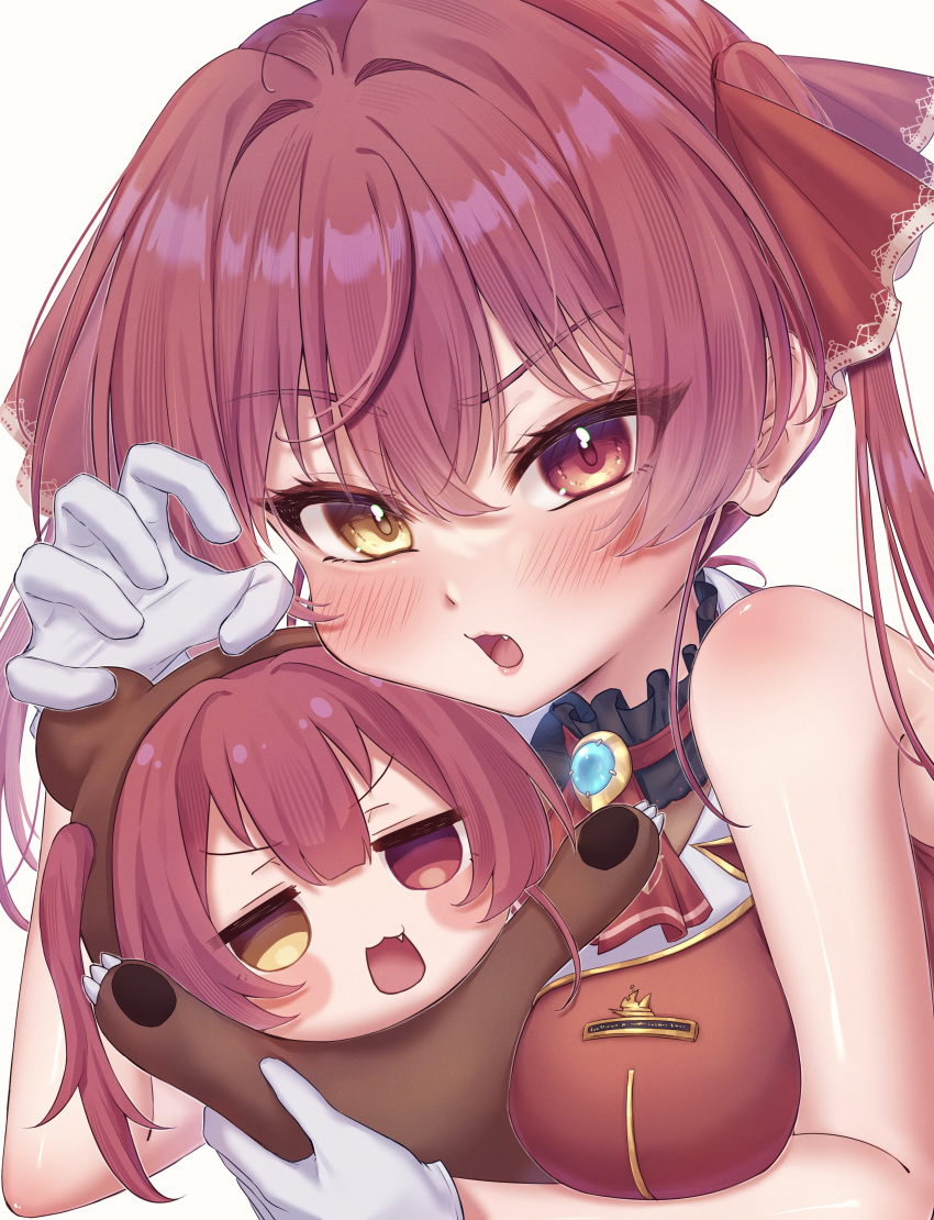 1girl, absurdres, anonemuna, ascot, black_choker, blush, choker, cropped_jacket, fang, frilled_choker, frills, gloves, hair_ribbon, heterochromia, highres, hololive, houshou_kumarine, houshou_marine, houshou_marine_(1st_costume), leotard, leotard_under_clothes, long_hair, looking_at_viewer, open_mouth, red_ascot, red_eyes, red_ribbon, redhead, ribbon, sleeveless, sleeveless_jacket, solo, twintails, virtual_youtuber, white_background, white_gloves, yellow_eyes