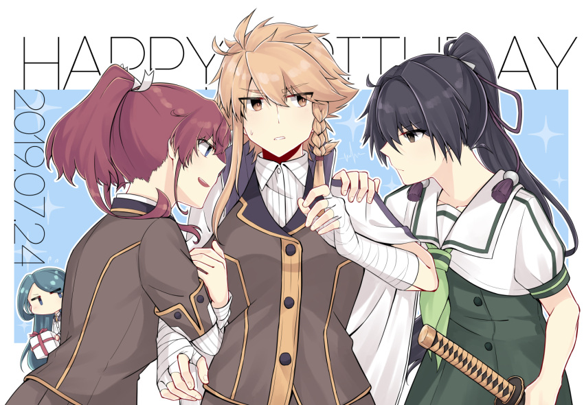 4girls, arm_hug, asahina_hokuto, bandaged_arm, bandages, black_hair, blue_eyes, blue_hair