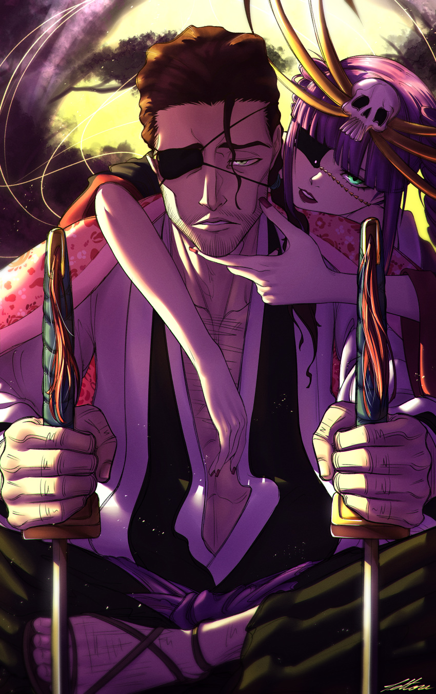 1boy, 1girl, absurdres, bankai, black_kimono, bleach, bleach:_sennen_kessen-hen, blunt_bangs