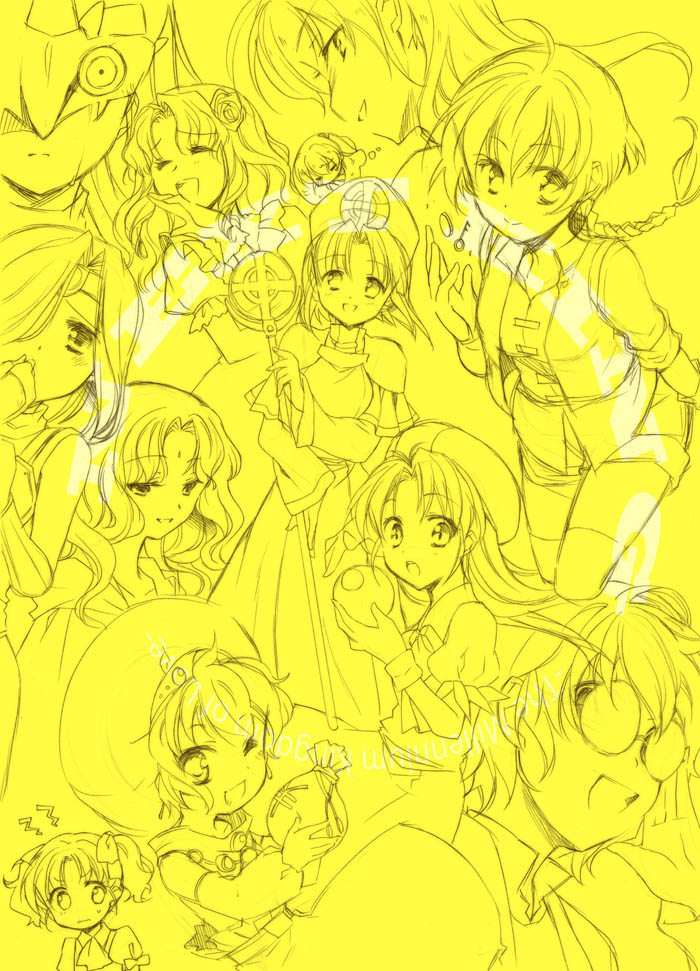 6+girls, anise_dandelion, bag, braid, braided_ponytail, caraway_goldenrod, chamomile_artichoke, chicory_wormwood, circlet, coriander_watercress, dill_purslane, facial_mark, fennel_nasturtium, forehead_mark, ginger_beebalm, gloves, goggles, hair_over_one_eye, hand_up, hat, long_hair, looking_at_viewer, mask, mullen_flax, multiple_girls, next_king, ojou-sama_pose, rosemary_catnip, safran_gypsywort, short_hair, short_twintails, staff, twintails, unohana_tsukasa, yellow_theme