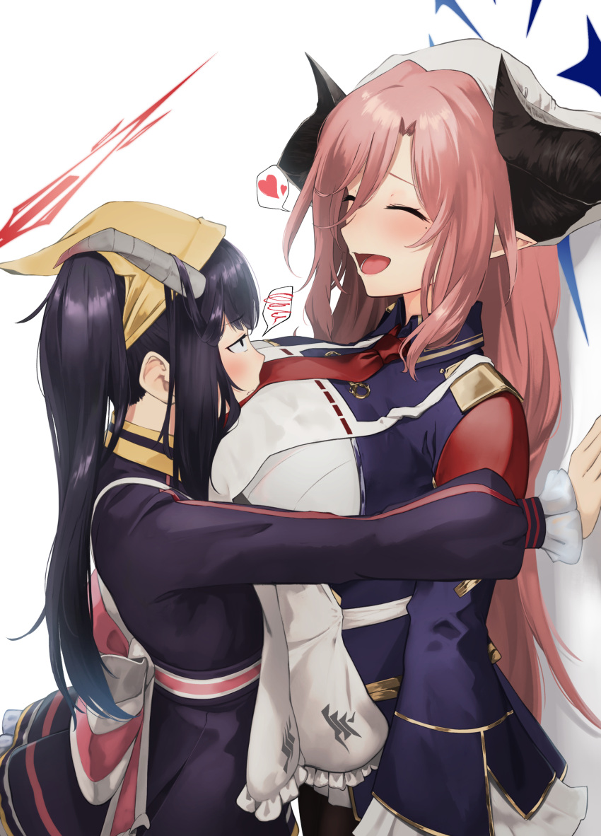2girls, absurdres, apron, black_hair, black_horns, blue_archive, breasts, closed_eyes