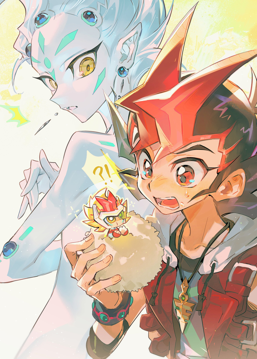 !?, 2boys, absurdres, astral_(yu-gi-oh!), black_hair, blonde_hair, blue_skin, chibi