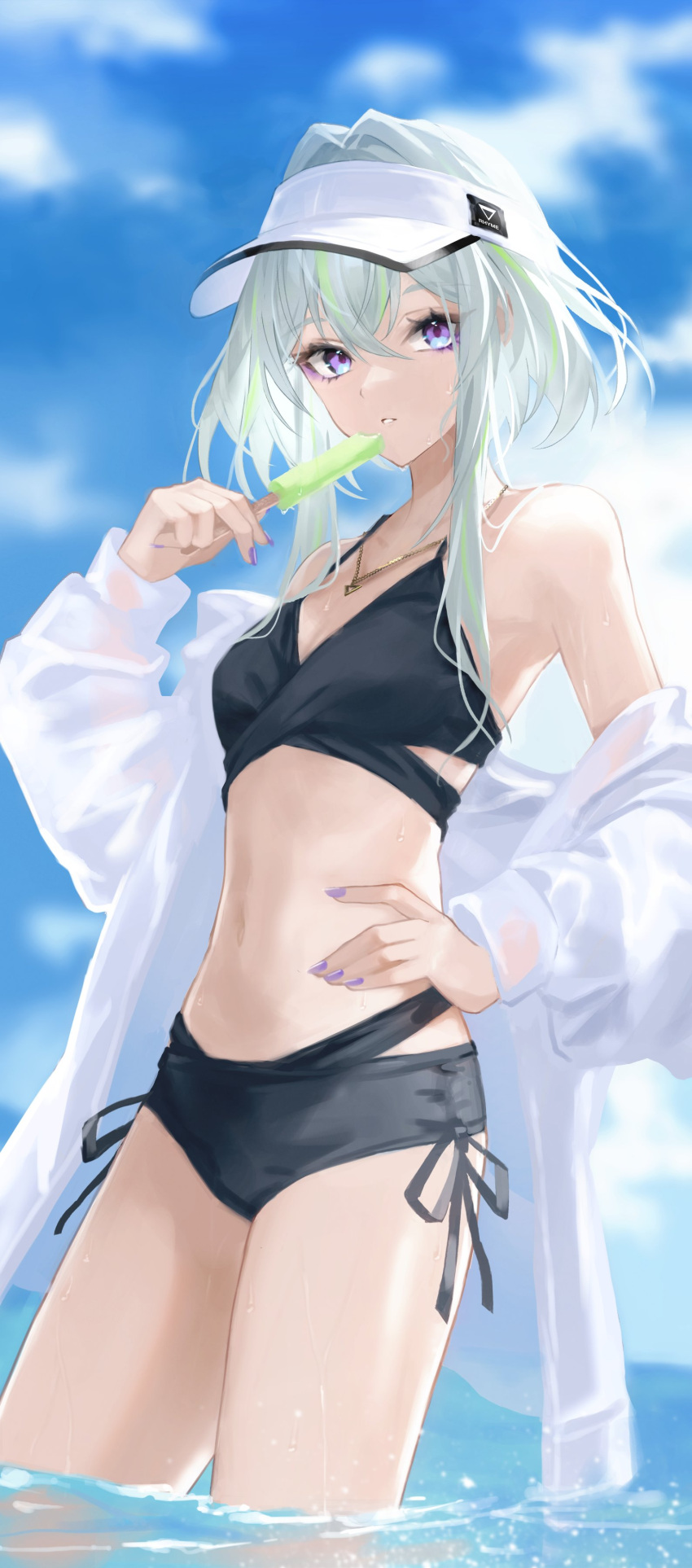 absurdres, bare_shoulders, bikini, black_bikini, food, grey_hair, highres, kobayuu, lime_(vtuber), midriff, ocean, popsicle, swimsuit, thighs, violet_eyes