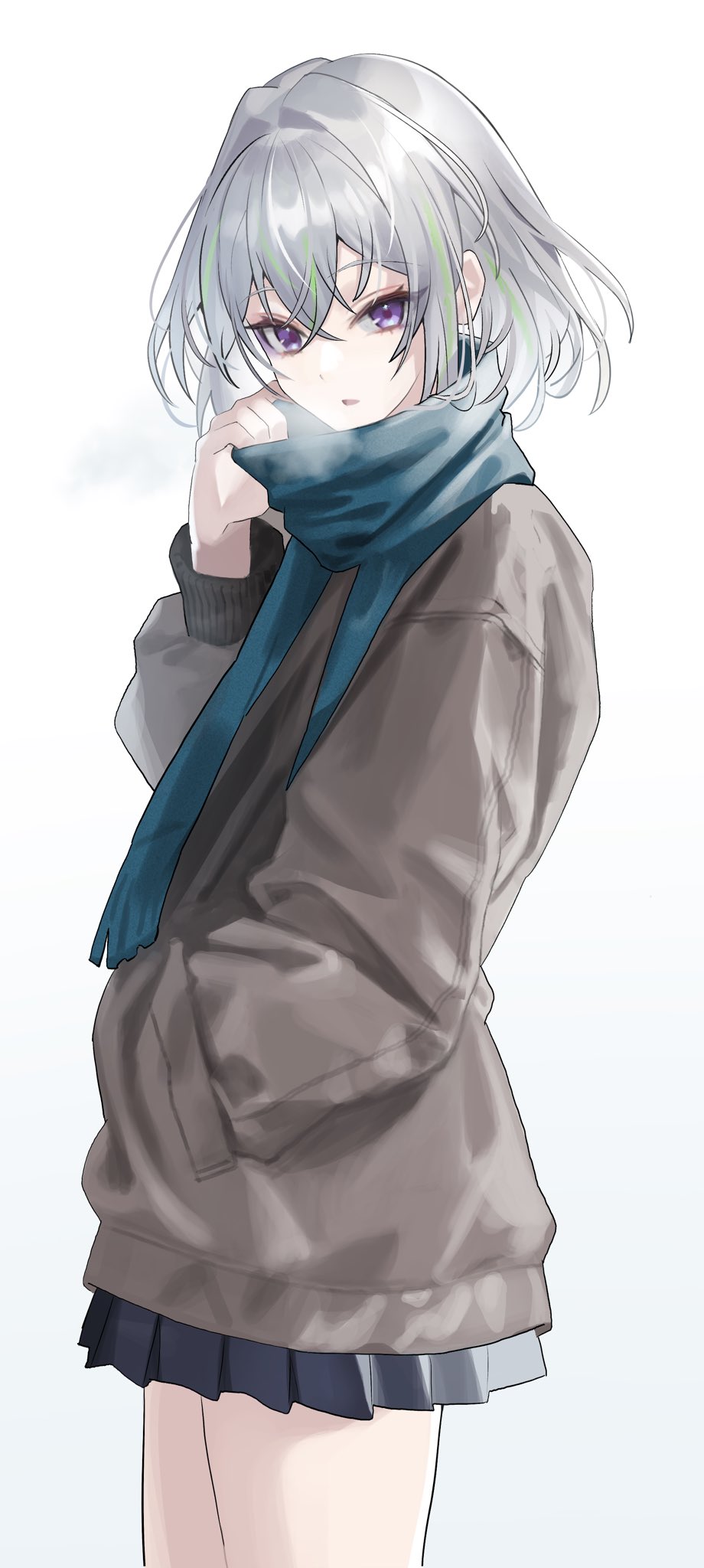 coat, grey_hair, highres, kobayuu, lime_(vtuber), multicolored_hair, scarf, skirt
