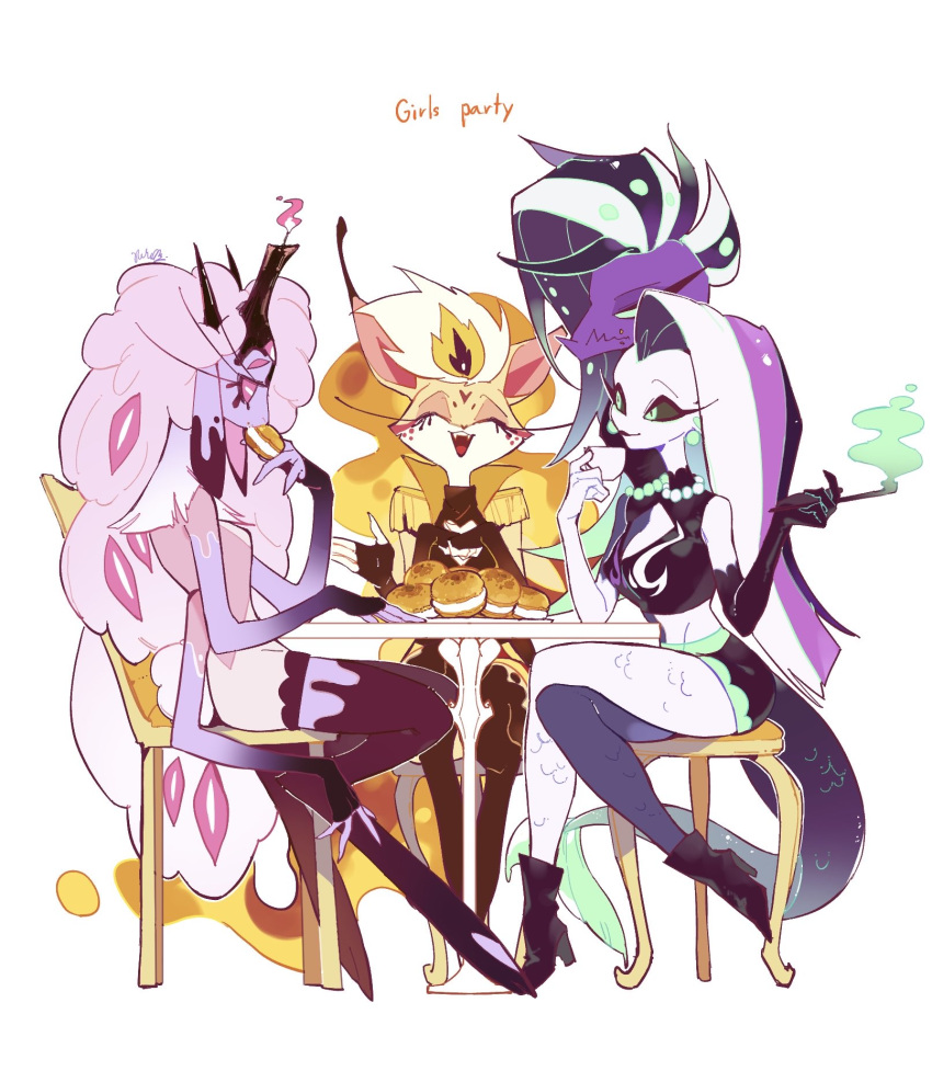 3girls, beelzebub_(helluva_boss), belphegor_(helluva_boss), dress, extra_arms, extra_eyes, fox_girl, furry, furry_female, helluva_boss, highres, leviathan_(helluva_boss), long_hair, multicolored_hair, multiple_girls, multiple_heads, pink_dress, pink_hair, sheep_girl, sitting, smile, white_hair, yoki_013_bird