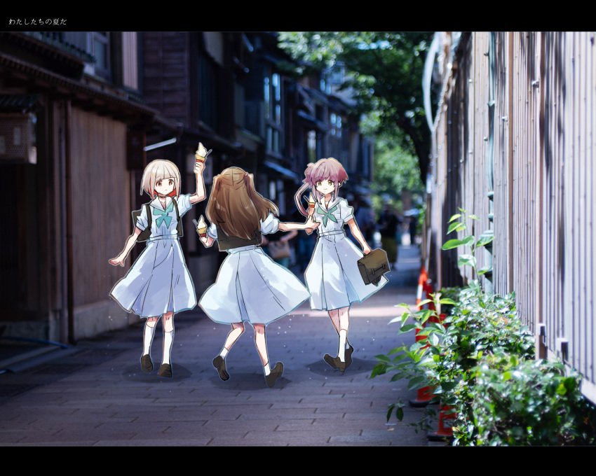 3girls, aqua_neckerchief, arm_at_side, arm_up, backpack, bag, black_bag, black_choker, blue_dress, bob_cut, breast_pocket, briefcase, brown_hair, choker, closed_mouth, colored_inner_hair, commentary_request, diagonal_bangs, dress, food, fujishima_megumi, full_body, green_eyes, grey_hair, hair_bun, hasu_no_sora_school_uniform, highres, holding, holding_briefcase, holding_food, holding_ice_cream, holding_ice_cream_cone, ice_cream, ice_cream_cone, inverted_bob, ishikawa_prefecture, kanazawa_(city), kanduki_kamibukuro, kneehighs, letterboxed, light_particles, link!_like!_love_live!, long_hair, looking_at_another, love_live!, medium_dress, multicolored_hair, multiple_girls, neckerchief, otomune_kozue, outdoors, outstretched_arm, parted_lips, people, photo_background, pleated_dress, pocket, puffy_short_sleeves, puffy_sleeves, purple_hair, red_eyes, redhead, sailor_collar, sailor_dress, school_briefcase, school_uniform, short_hair, short_sleeves, side_ponytail, sidelocks, single_side_bun, smile, socks, soft_serve, streaked_hair, summer_uniform, translation_request, two_side_up, virtual_youtuber, walking, white_sailor_collar, white_socks, yugiri_tsuzuri