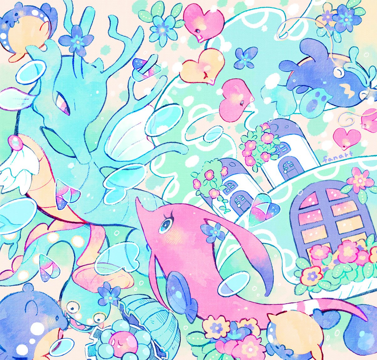 alternate_color, animal_focus, bubble, clam, clamperl, commentary, fish, flower, gem, gorebyss, heart, huntail, kappaman, kingdra, luvdisc, no_humans, pearl_(gemstone), pokemon, pokemon_(creature), seahorse, shiny_pokemon, spheal, underwater, whale, whiscash