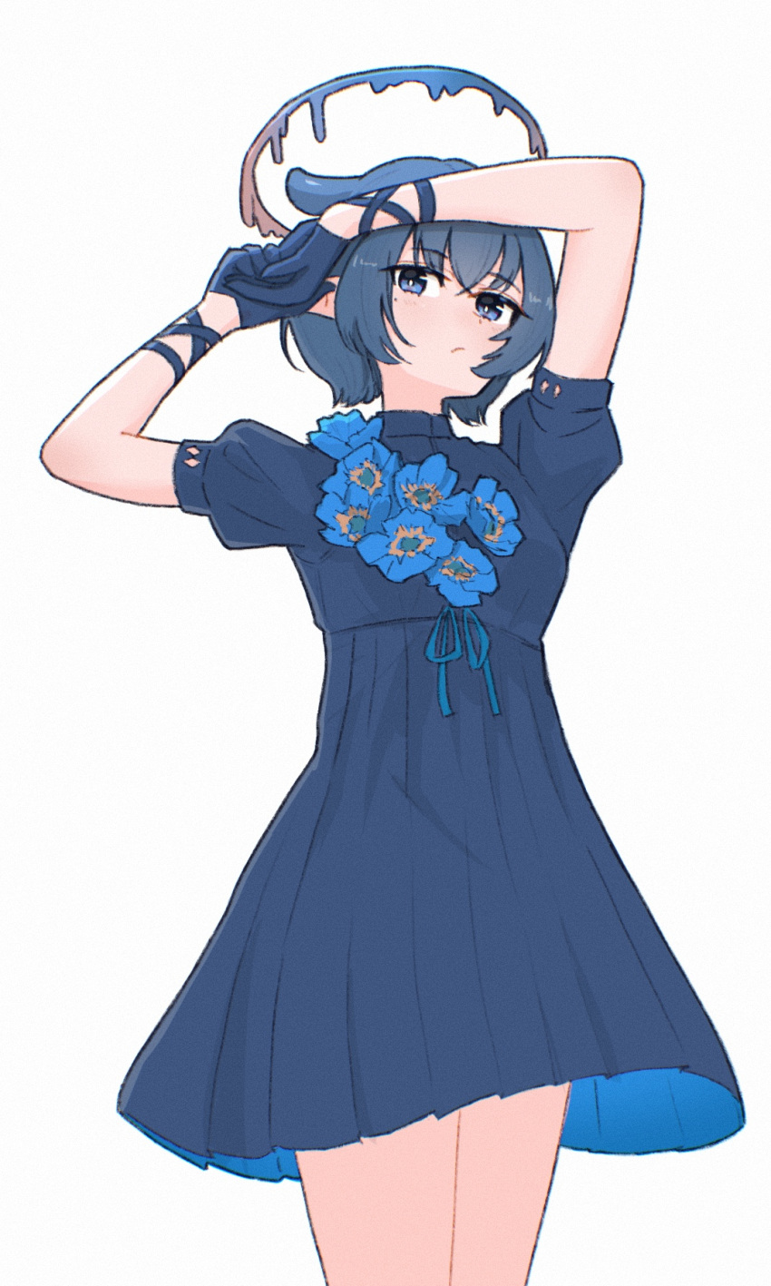 1girl, arms_up, blue_dress, blue_eyes, blue_flower, blue_gloves, blue_hair, dress