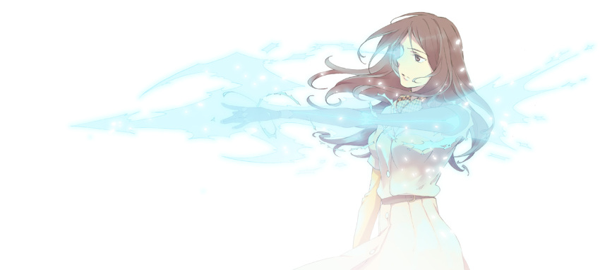 brown_eyes, brown_hair, dress, fire, jacket, long_hair, magic, mikaduki, mikazuki, mugino_shizuri, one-eyed, prosthesis, prosthetic_arm, scarf, to_aru_majutsu_no_index