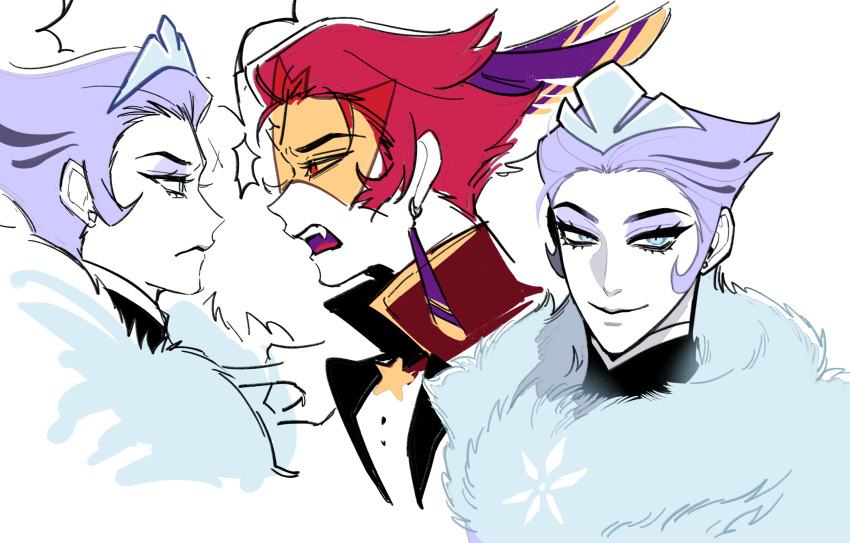 2boys, andrealphus_(helluva_boss), arguing, blue_hair, coat, demon_boy, face-to-face, feather_hair, fur_coat, glasses, hair_slicked_back, helluva_boss, highres, humanization, multiple_boys, rec-ultramarine, redhead, tiara, vassago_(helluva_boss)
