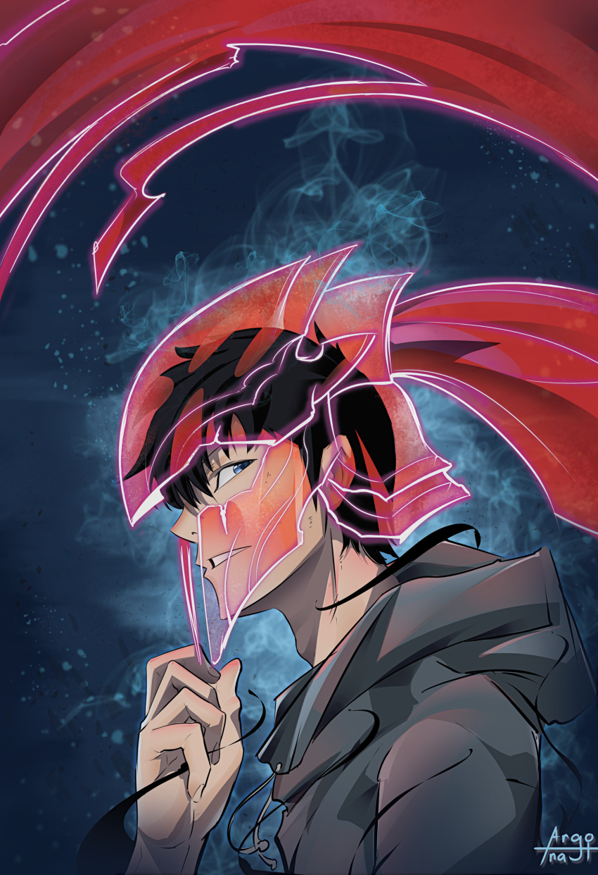 1boy, absurdres, argonaut11, black_hair, blue_eyes, drawstring, grey_hoodie, helmet