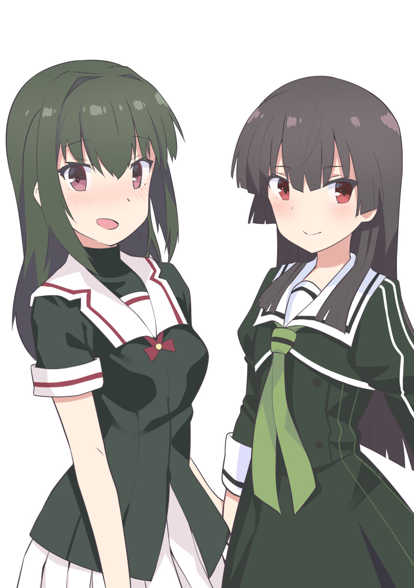 2girls, absurdres, black_shirt, blunt_bangs, blush, breasts, brown_hair, closed_mouth